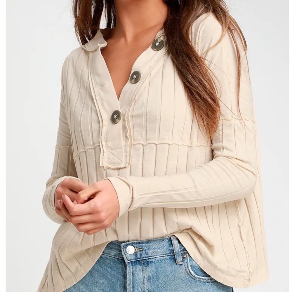 Free People In the Mix Ribbed Henley Top Womens Small Ivory Long Sleeve